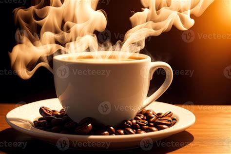 Coffee cup with steam on wooden table and black background. 22802217 ...