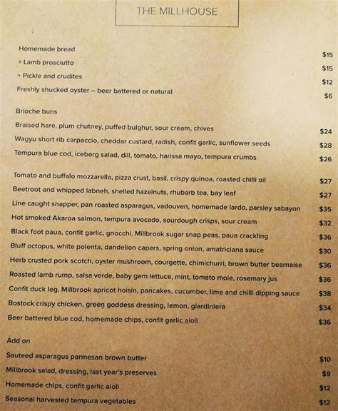 Menu at Millhouse Restaurant, Arrowtown