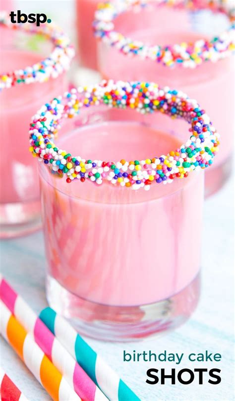 Bright pink shots that taste just like birthday cake! Simply rim shot glasses with frosting and ...