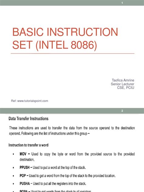 Basic Instruction SET (INTEL 8086) : Taofica Amrine Senior Lecturer Cse ...