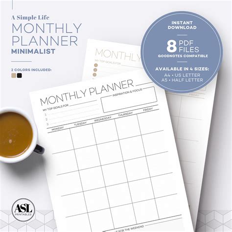 Minimalist Monthly Planner Calendar Digital Undated Portrait PDF, A4 ...