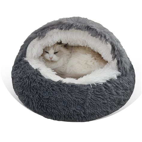 Gavenia Cat Bed Round Fluffy Hooded Cat Bed Cave with Non-collapsed ...