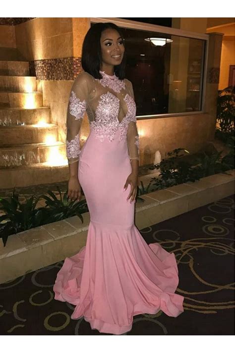 Mermaid Lace Long Sleeves Pink Prom Dresses Formal Evening Gowns 6011491