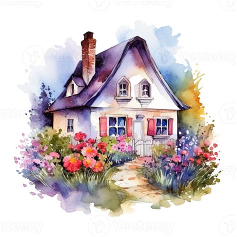 Watercolor cozy cottage surrounded by flowers garden, isolated. AI ...