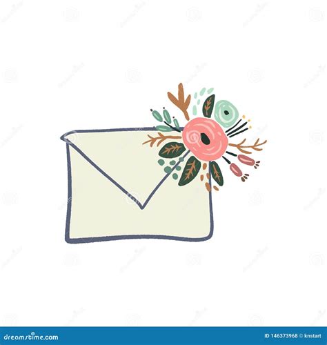 Envelope Letter with Floral Elements Symbols, Spring or Summer Greeting ...