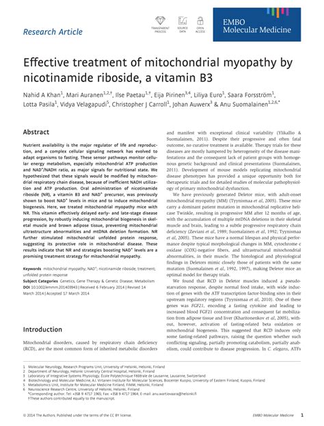 (PDF) Effective treatment of mitochondrial myopathy by nicotinamide riboside, a vitamin B3