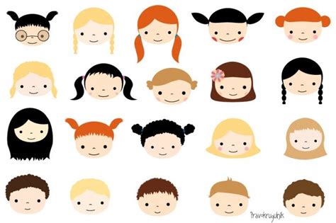 Cute kid faces clipart set, Kawaii children faces clip art, Cute kids ...