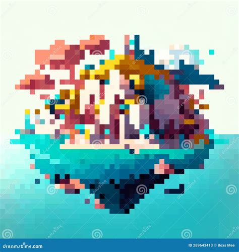 Abstract Pixel Art Illustration of an Island in the Sea. Colorful ...