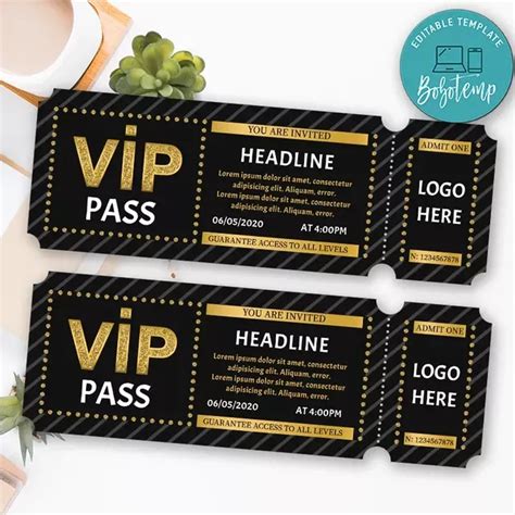 Printable Gold Vip Pass Admission Ticket Template DIY | Bobotemp | Ticket invitation, Ticket ...