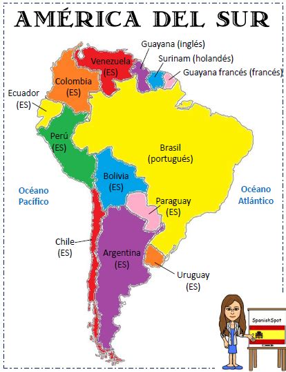 Spanish Map of South America- 8.5x11 printable reference pages | Elementary spanish lessons ...