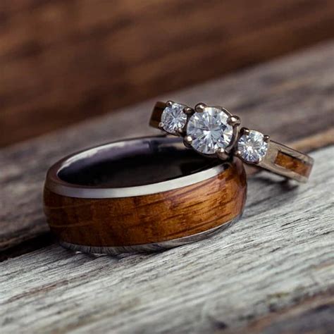 Wood Wedding Ring Set, White Gold And Titanium Rings-3781 - Jewelry by Johan