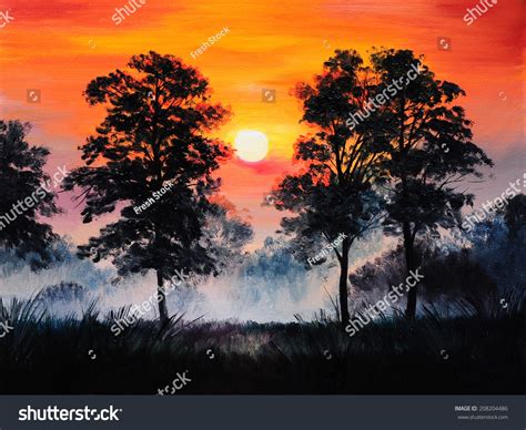 Oil Painting Landscape - Sunset In The Forest, Fog Stock Photo 208204486 : Shutterstock