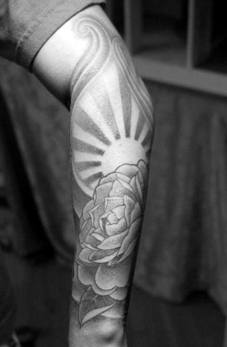 Gentleman With Rising Sun Rose Flower Forearm Sleeve Tattoo | Sun ...