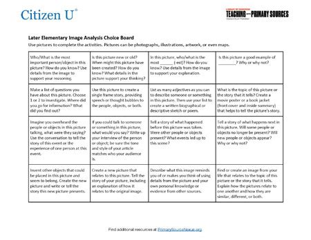 Analyzing Primary Sources: Later Elementary (3-5) Image Analysis Choice ...