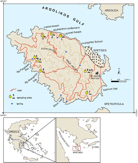 Topographic map of Spetses Island with the sampling sites. Inset map ...