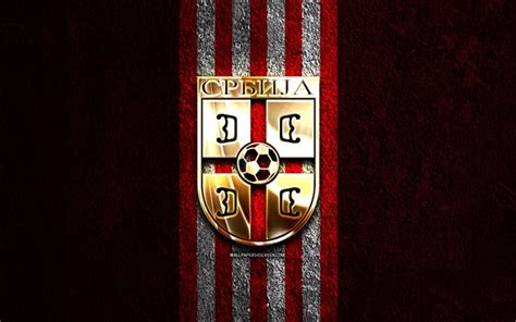 Download Serbia national football team golden logo, 4k, red stone background, UEFA, national ...