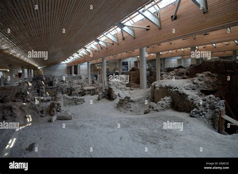 Greece, Island of Santorini: archeological excavations of a Minoan city at Akrotiri which was ...