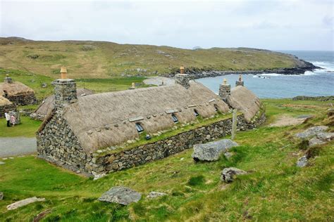 Gearrannan Blackhouse Village is located on the Isle of Lewis, Scotland.