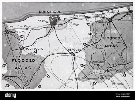 Map of the Dunkirk area in northern France during the evacuation, showing two flooded areas of ...