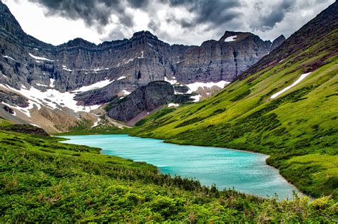 Download Grass Nature Mountain Cliff Glacier National Park Montana Lake HD Wallpaper