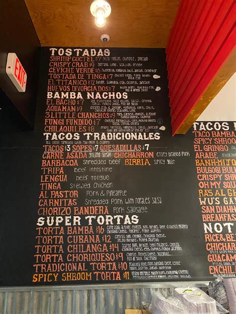 Menu at Taco Bamba restaurant, Vienna