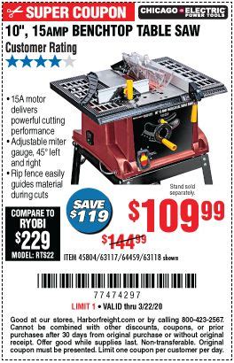 CHICAGO ELECTRIC 10 In. 15 Amp Benchtop Table Saw for $109.99 | Benchtop table saw, Harbor ...