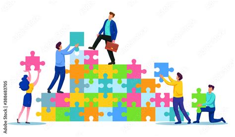 Teamwork connecting puzzle together to reach success in business. Group of people holding puzzle ...