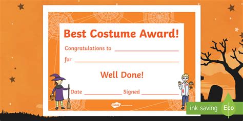 Best Costume Award Halloween Certificate - Twinkl