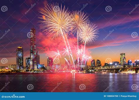 Seoul Fireworks Festival in Night City at Yeouido, South Korea. Stock Photo - Image of aerial ...