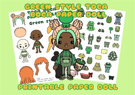 Printable Toca Boca Paper Doll Green Style / Dress up Doll / Activity ...