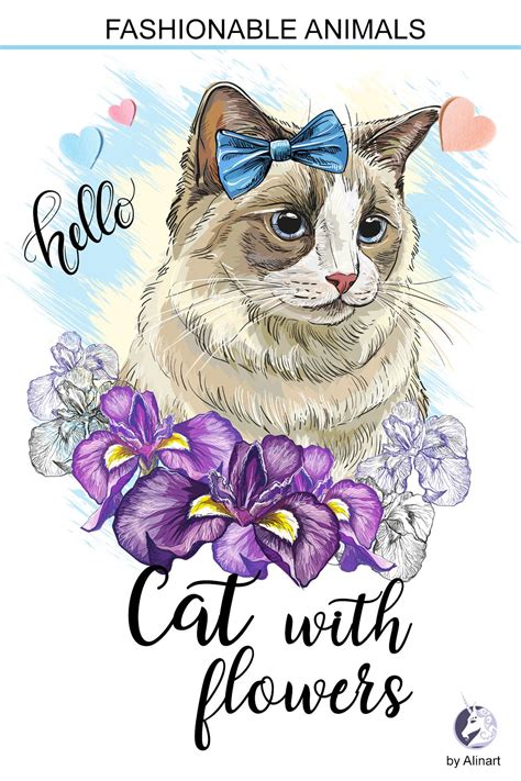 Cute cat with flowers illustration