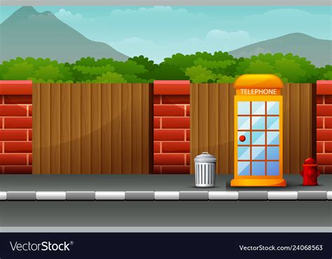 Cartoon telephone box on the roadside with nature Vector Image