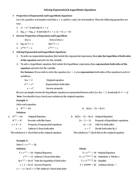 Worksheet Solving Exponential and Logarithmic Equations - Docsity