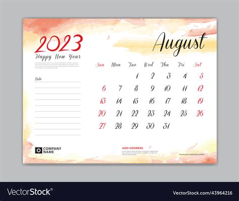 Desk calendar 2023 template august Royalty Free Vector Image