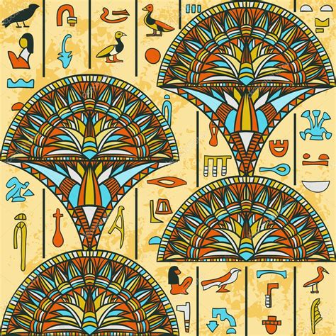 Egypt colorful ornament with ancient Egyptian hieroglyphs on aged paper background,. Vector ...