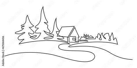 Rural landscape in continuous line art drawing style. Country road ...