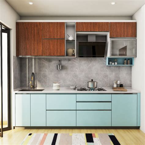 Contemporary Kitchen Design With Blue Cabinets And Grey Back Wall Tiles ...