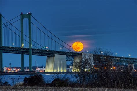 Delaware Memorial Bridge from Delaware River shoreline, USA