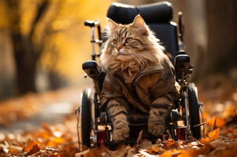 Premium Photo | Cat in wheelchair enjoys park stroll an inspiring symbol of tenacity and joy