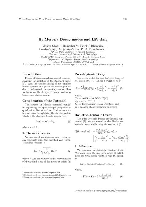 (PDF) Bc Meson : Decay modes and Life-time