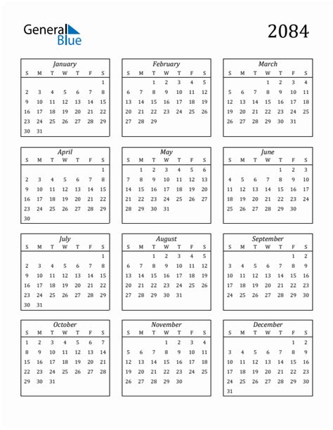 Free 2084 Calendars in PDF, Word, Excel