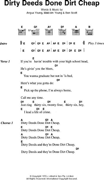 Dirty Deeds Done Dirt Cheap - Guitar Chords/Lyrics | zZounds