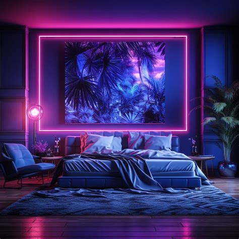 Premium Photo | Wall art hanging in neon blue and purple bedroom ...