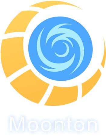 the moonton logo is shown in blue and yellow colors, with an orange center