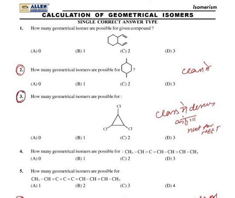 Isomerism CALCULATION OF GEOMETRICAL ISOMERS SINGLE CORRECT ANSWER TYPE 1..