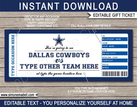 Dallas Cowboys Game Ticket Gift Voucher | Printable Surprise Football ...