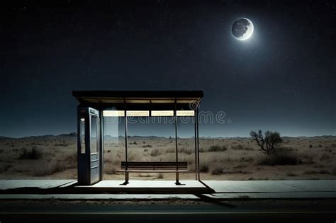 Empty Bus Stop at Night, with View of the Moon and Stars in the Sky ...