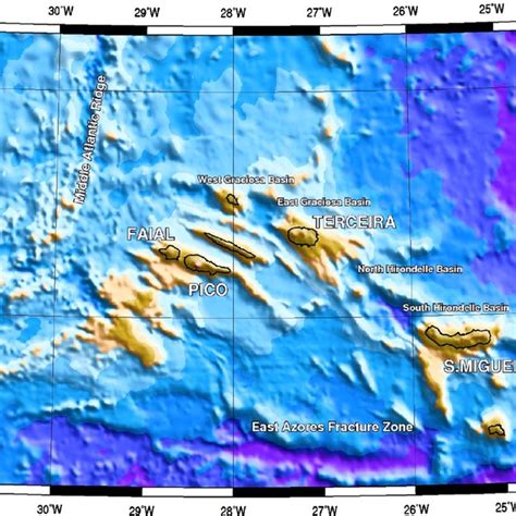 Digital terrain model and bathymetric model with a resolution of 100 m. | Download Scientific ...