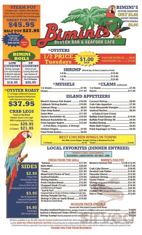 Bimini's Oyster Bar and Seafood Cafe menu in Greenville, South Carolina ...