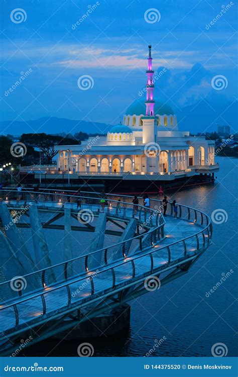 Night View of Kuching City Waterfront, Sarawak River Pedestrian Bridge ...